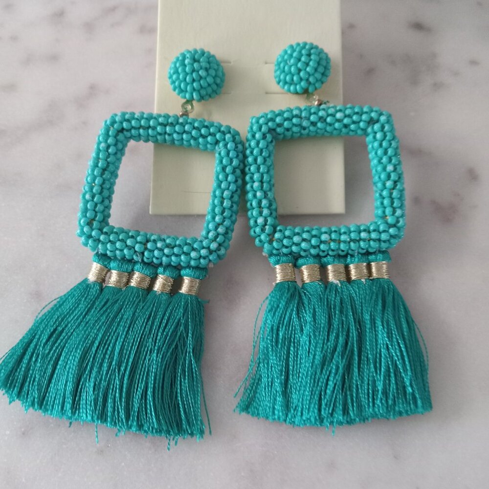 Bohemian Turquoise Handmade Fringe Tassel Beaded Post Earrings.